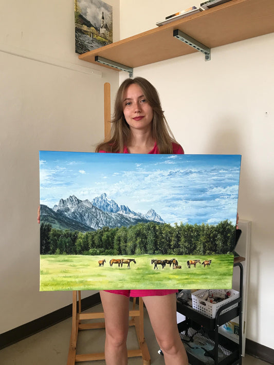 "Horses in Grand Teton" oil painting