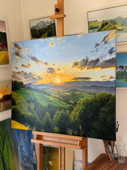 “Sunset Beyond the Mountains” oil painting