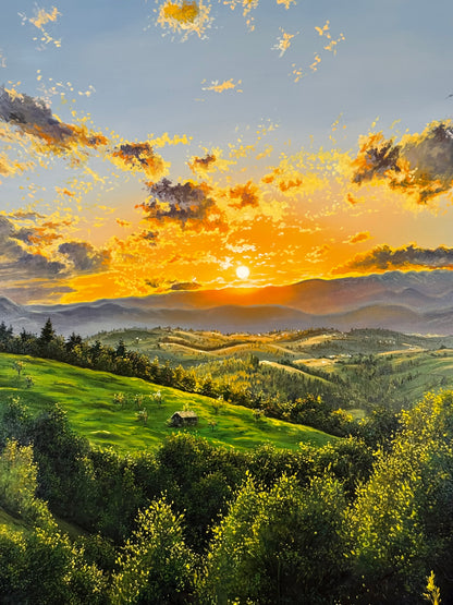 “Sunset Beyond the Mountains” oil painting