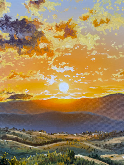 “Sunset Beyond the Mountains” oil painting