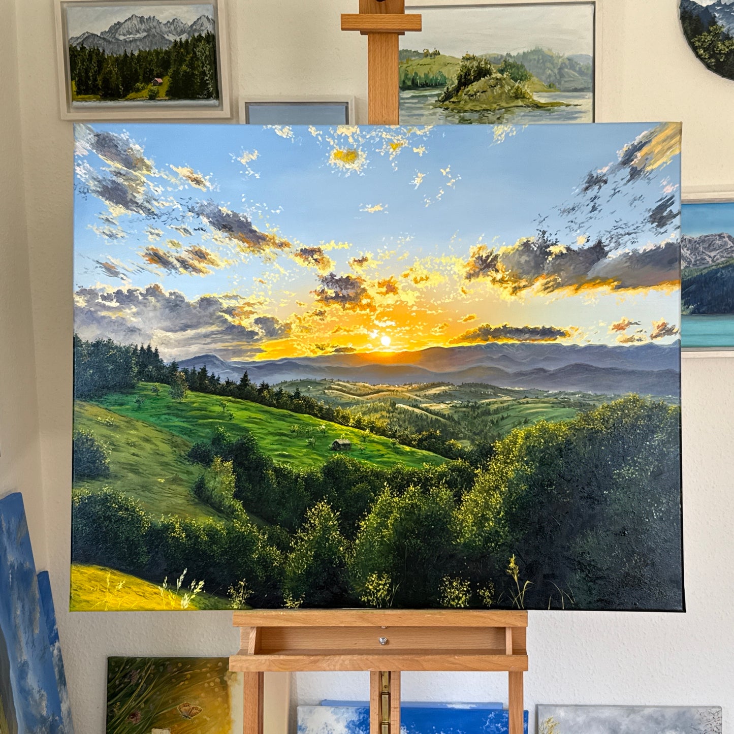 “Sunset Beyond the Mountains” oil painting