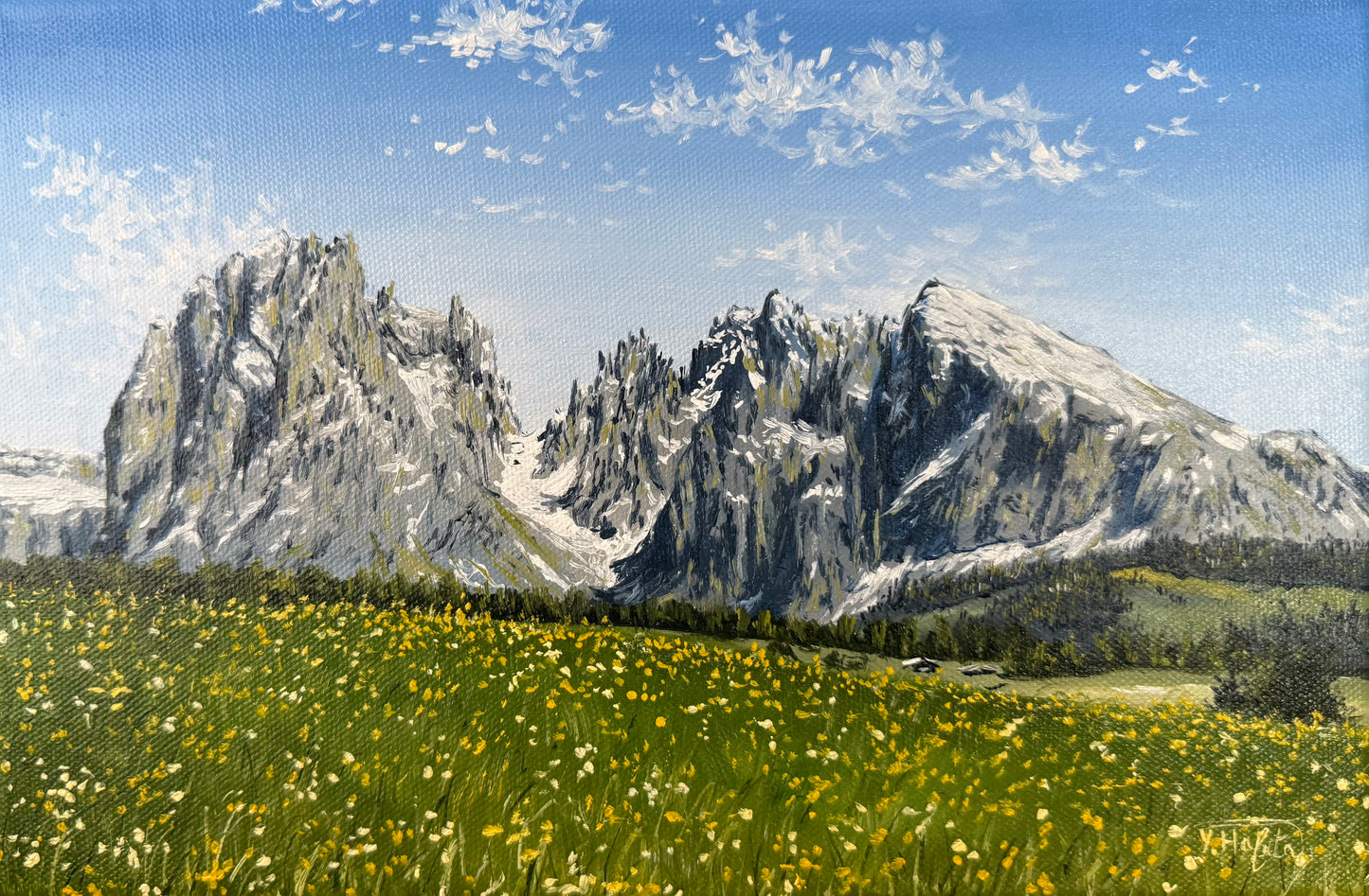 "Flowered Meadow of Seiser Alm" oil painting