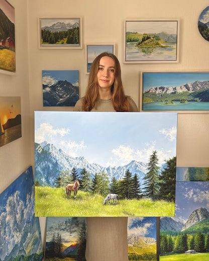 “Horses beneath Alpspitze” oil painting