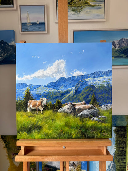 “Cows in the Italian Alps” oil painting