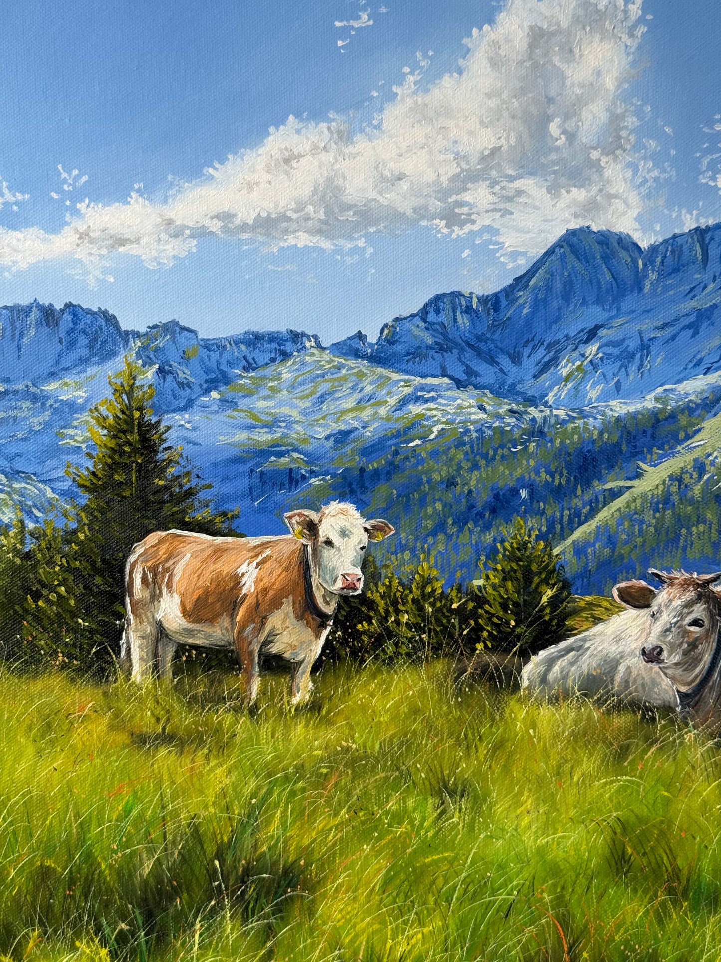 “Cows in the Italian Alps” oil painting