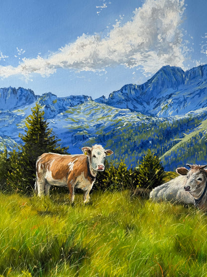 “Cows in the Italian Alps” oil painting