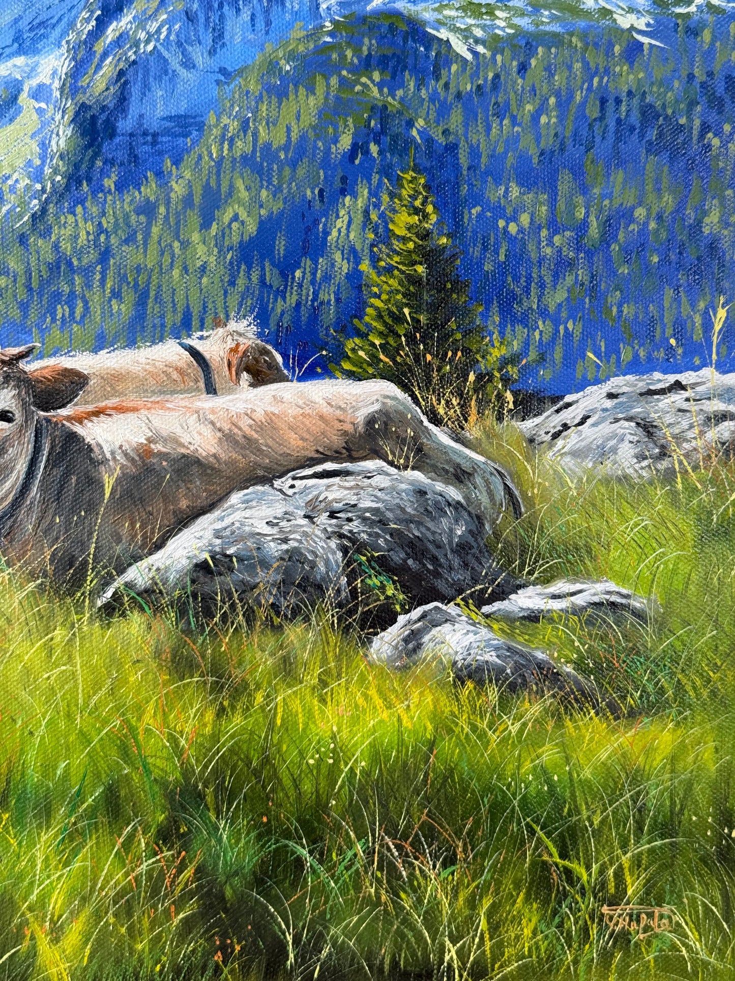 “Cows in the Italian Alps” oil painting
