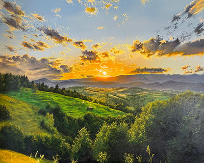 “Sunset Beyond the Mountains” oil painting