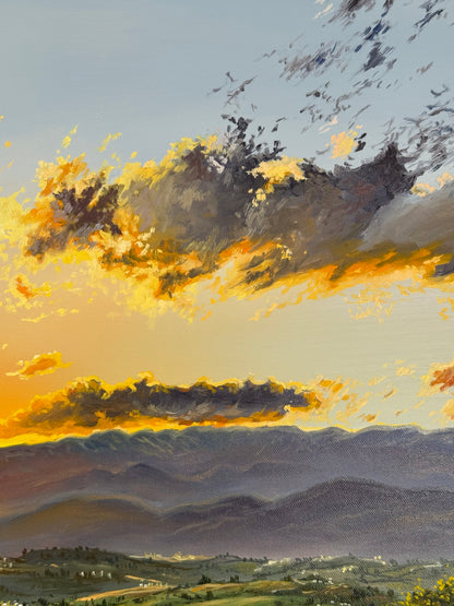 “Sunset Beyond the Mountains” oil painting