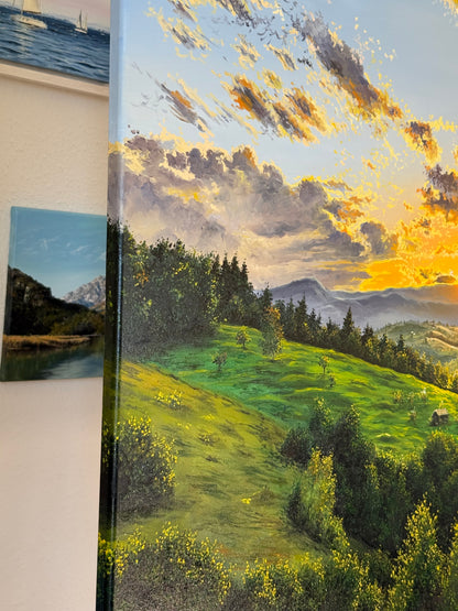 “Sunset Beyond the Mountains” oil painting