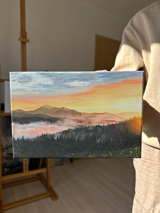 "Sunrise over the mountains" oil painting
