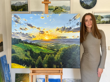 “Sunset Beyond the Mountains” oil painting