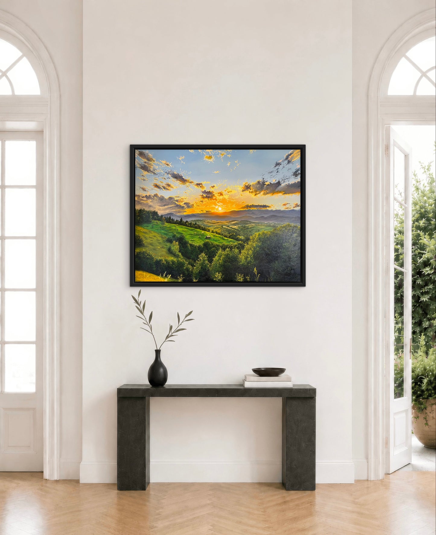 “Sunset Beyond the Mountains” oil painting