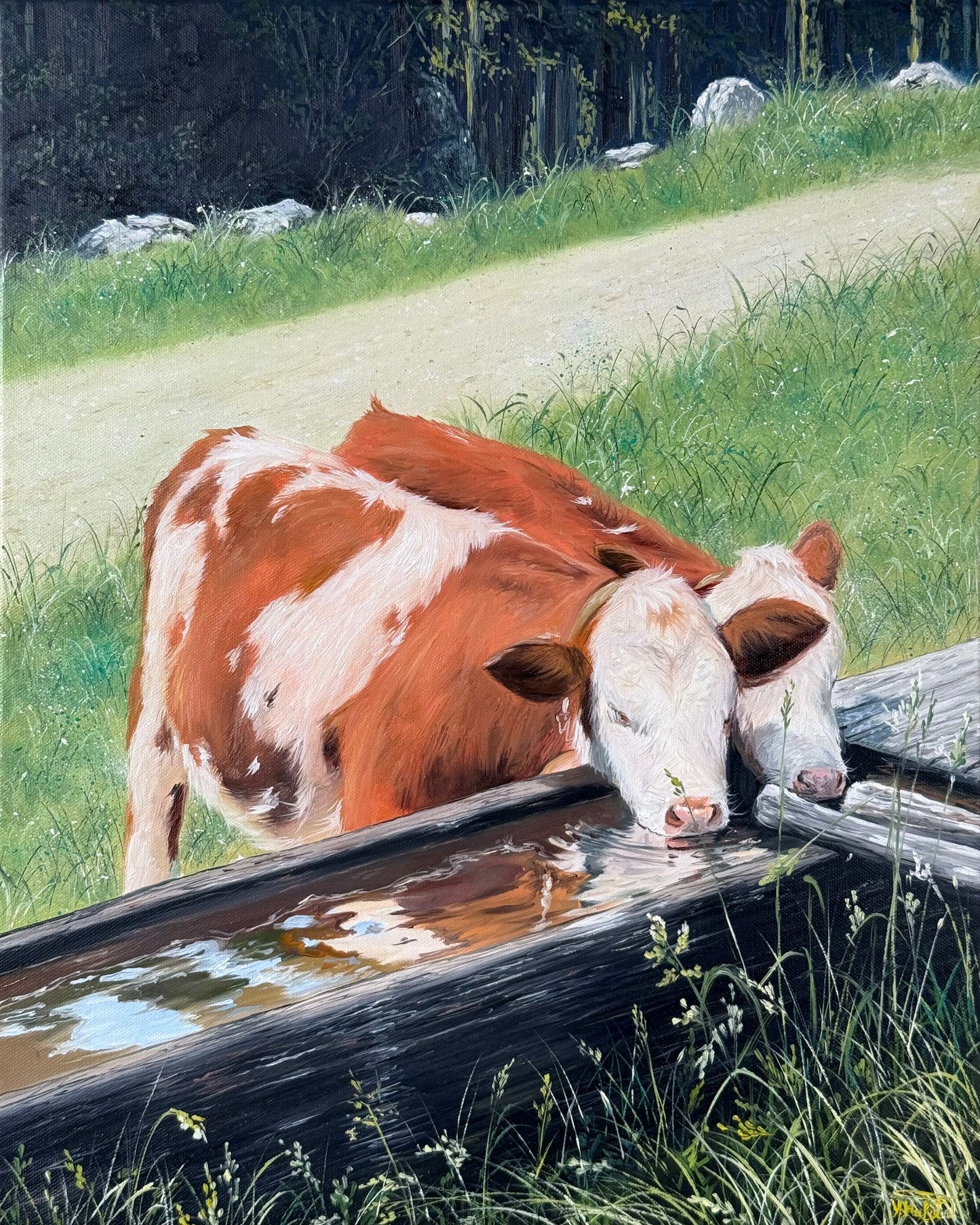 "Alpine Calves" oil painting