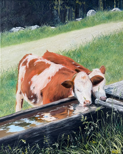 "Alpine Calves" oil painting