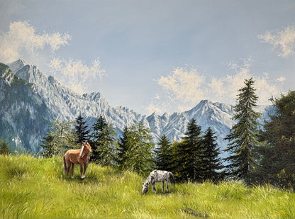 “Horses beneath Alpspitze” oil painting
