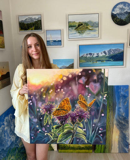 “Among the Blooms” oil painting