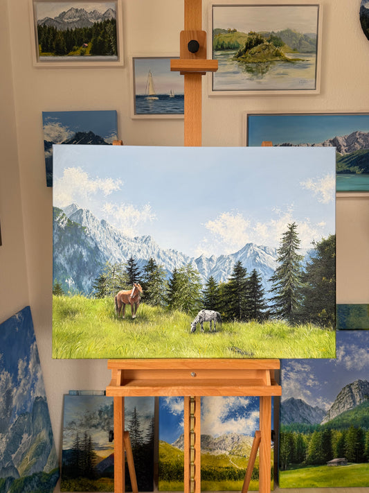 “Horses beneath Alpspitze” oil painting