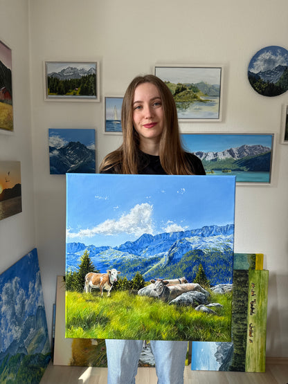 “Cows in the Italian Alps” oil painting