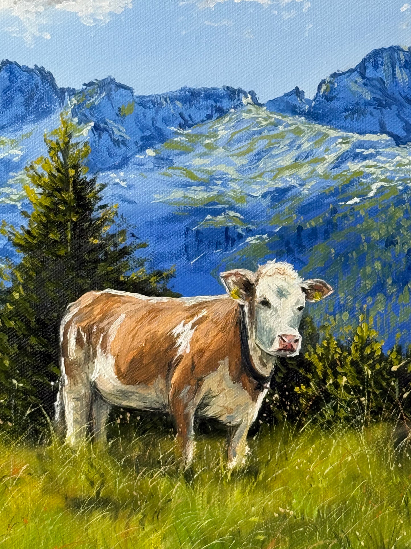 “Cows in the Italian Alps” oil painting