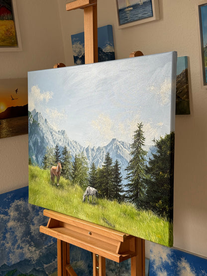 “Horses beneath Alpspitze” oil painting