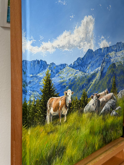 “Cows in the Italian Alps” oil painting