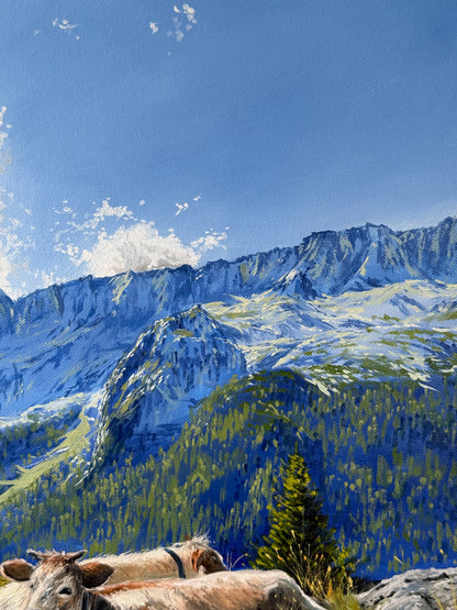 “Cows in the Italian Alps” oil painting