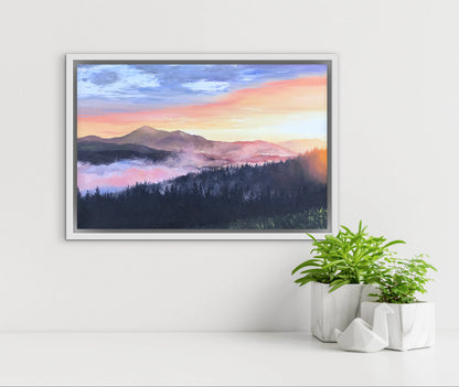 "Sunrise over the mountains" oil painting