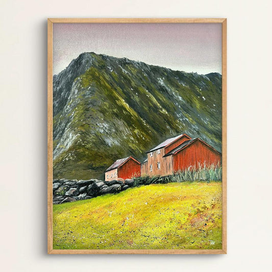 Framed painting of a mountain landscape with red buildings.